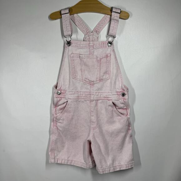 H&M Pink Denim Shortalls Girls Size 7 Jean Overalls 100% Cotton Washed - Picture 1 of 3